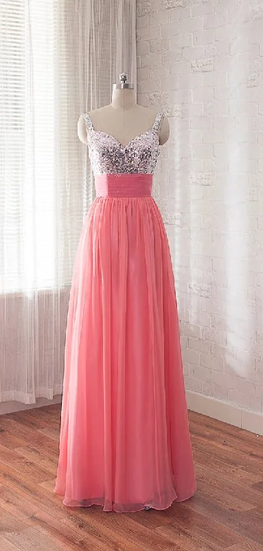 Women's Seasonal Apparel Art Deco Geometric Pattern Look Straps Sequins Coral Bridesmaid Dress