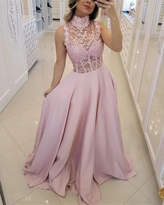 Women's Casual Garments End - of - Month Blowout elegant pink prom dresses high neck satin gown  cg4426