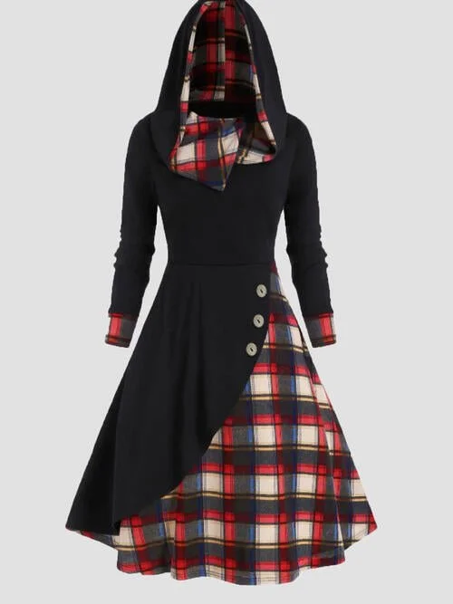 Women's Clothes For Work Events Mid - Week Surprise Plus Size Plaid Buttoned Long Sleeve Hooded Dress