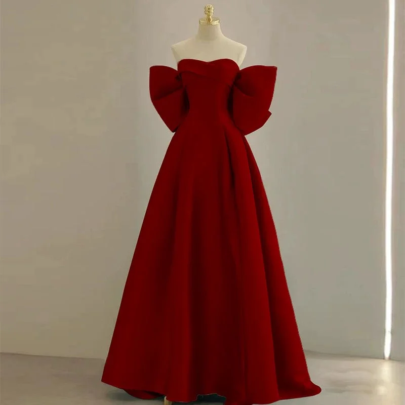 Women's Clothes For Special Occasions Graceful Movement Modest A Line Off The Shoulder Satin Burgundy Prom Dress Long Evening Dresses With Bow C1651