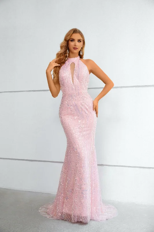 Women's Holiday Attire Early Access to Art Deco Styles Sale Pink Mermaid Halter Sleeveless Lace Long Prom Dress