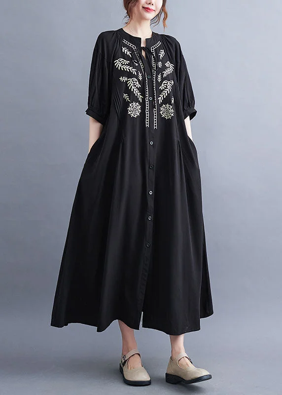 Women's Evening Wear Attire Celebrate with Big Savings Stylish Black Wrinkled Embroideried Button Shirt Dresses Short Sleeve