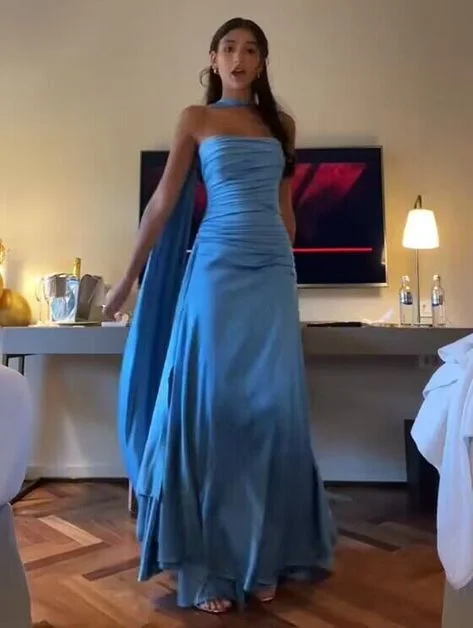 Women's Resort Attire Buy More, Save More Elegant Sheath Strapless Blue Satin Prom Dresses With Ribbon Long Slit Evening Dress C2901