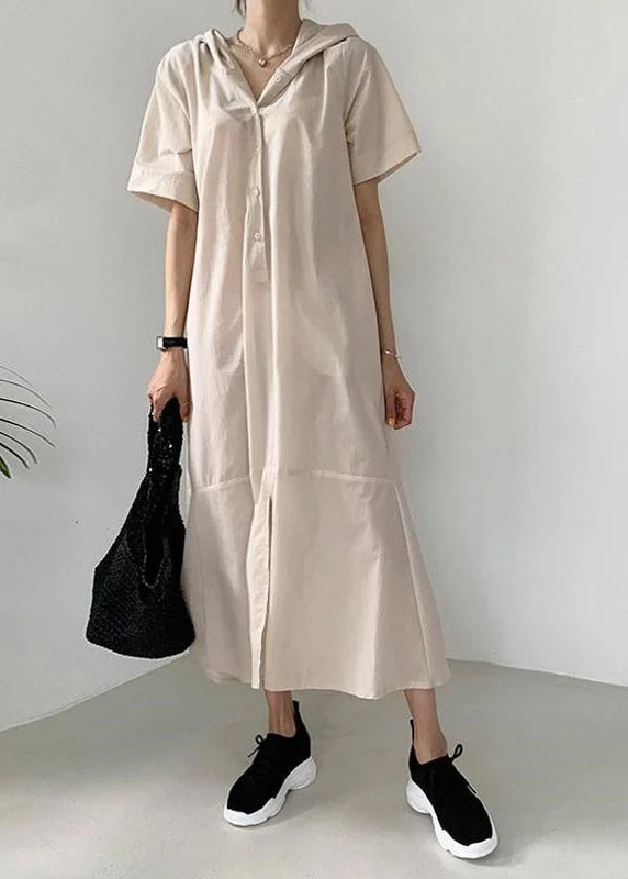 Women's Activewear Outfit Romantic Detailing Fashion Beige Patchwork Button Hoded Long Shirt Dress Short Sleeve