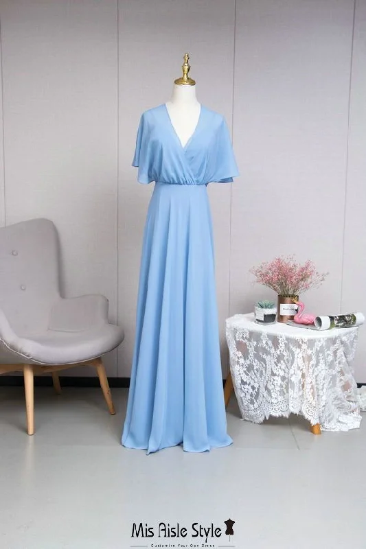 Women's Professional Garments Flowy Fabric Blue Chiffon Boho Bridesmaid Dress