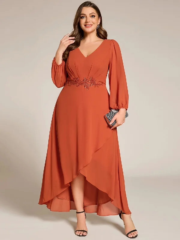 Vintage-Inspired Women's Clothes Lighten Up with Nordic Styles Nora | Plus Size V-Neck Long Sleeves Chiffon Formal Evening Dress with Applique