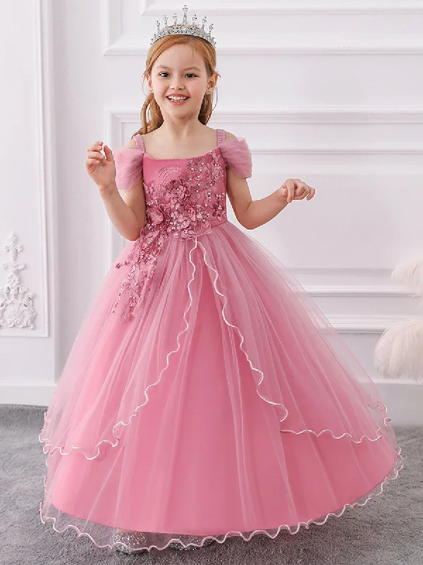 Women's Attire Lightweight Fabric Ball Gown Cold Shoulder Short Sleeves Flower Girl Dresses with Beading