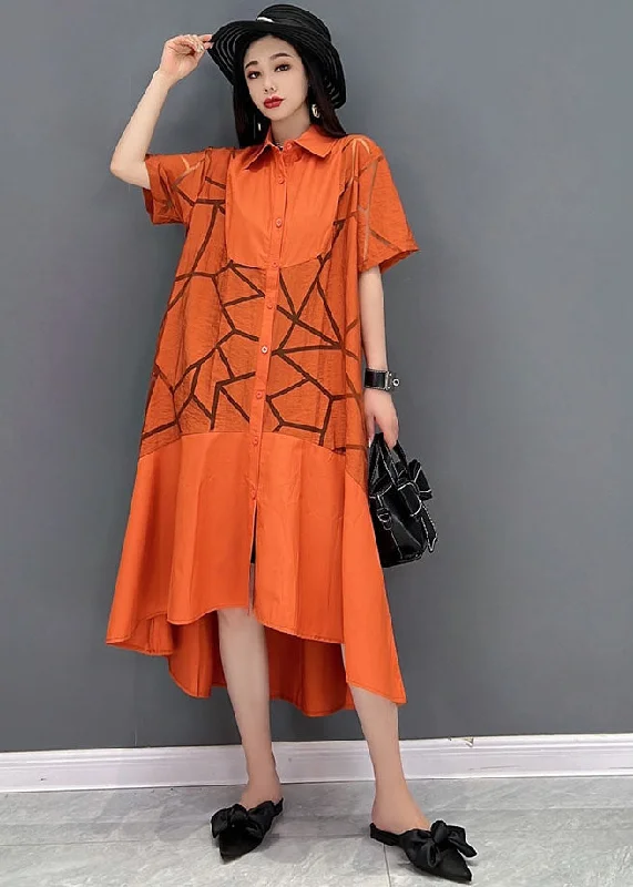 Women's Outerwear Garments Feminine Elegance Orange Oversized Patchwork Cotton Shirt Dress Hollow Out Short Sleeve