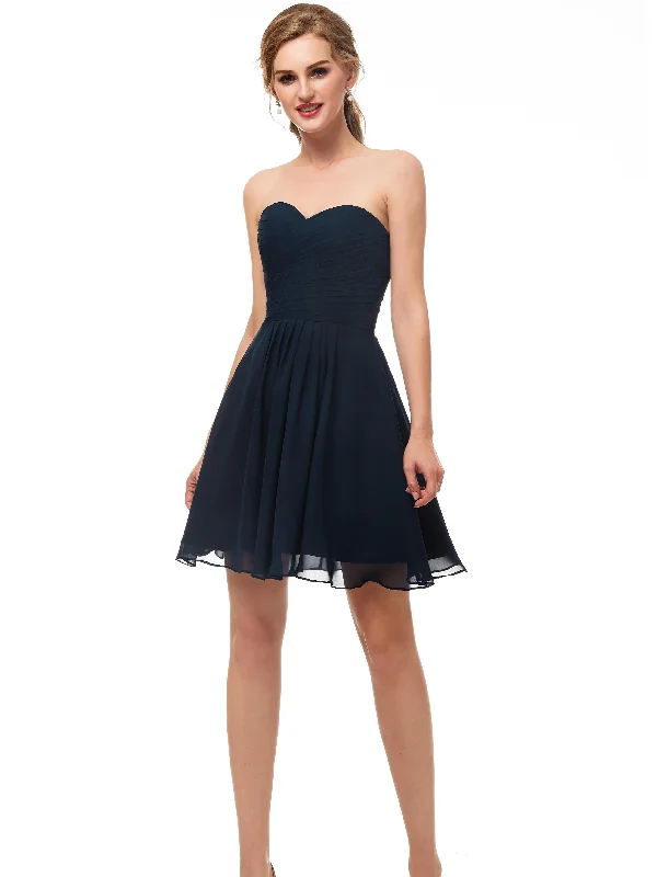 Women's Luxury Attire Grab Romantic Date - Night Styles Now Sleeveless Sweetheart Short Prom Dress Navy Blue Chiffon Short Homecoming Dresses AS12674