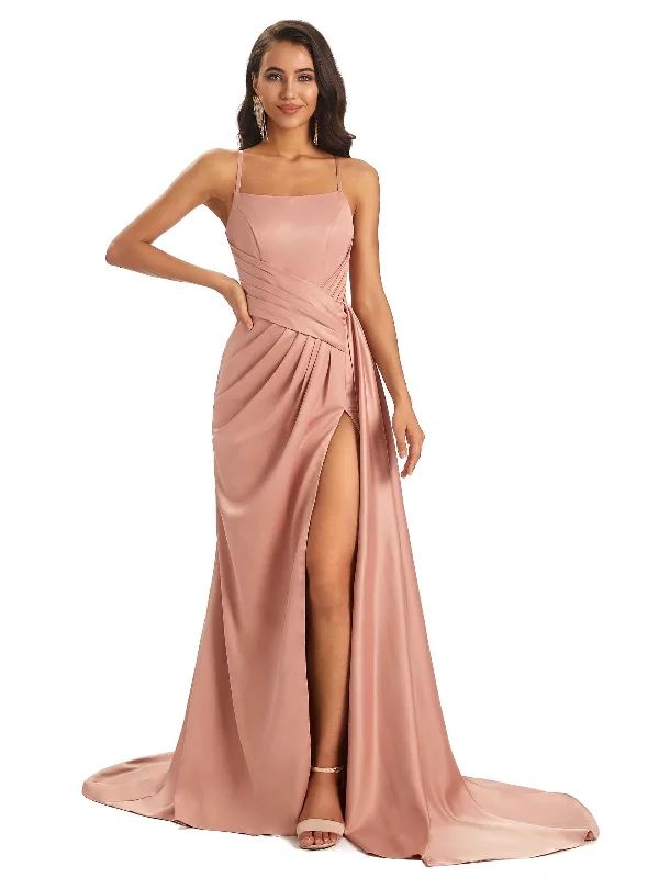 Women's Vacation Clothes Dreamy Aesthetic Sexy Soft Satin Side Slit Spaghetti straps Long Maxi Bridesmaid Dresses