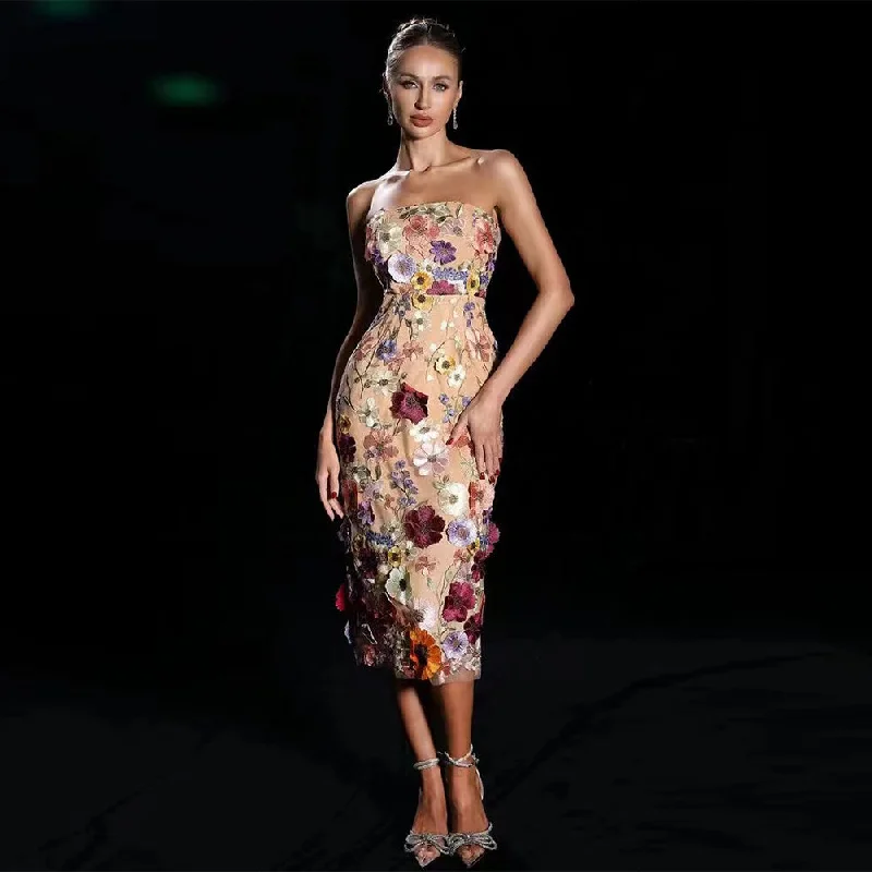 Casual Attire For Women Weekend Special Strapless Sleeveless Flower Midi Bodycon Dress HT1166