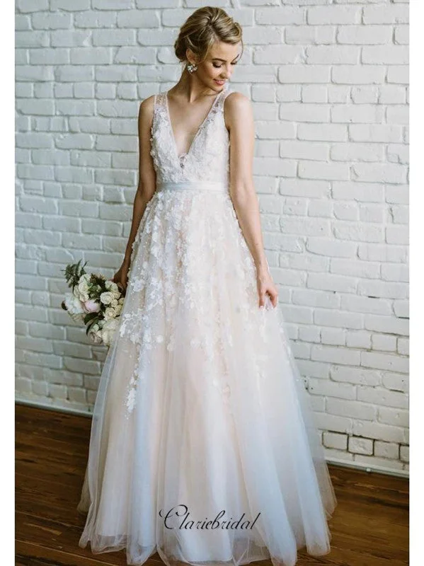 Women's Vacation Clothes Ethnic Cultural Event Wear Fancy A-line Wedding Dresses, Appliques Elegant Bridal Gowns, V-neck Wedding Dresses