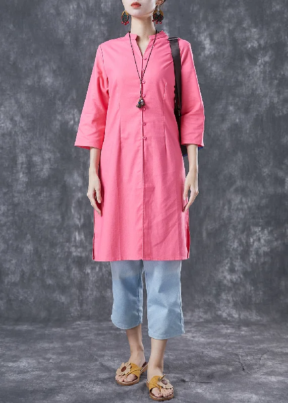 Sustainable Fashion Clothing For Women Feminine Charm Casual Pink V Neck Button Cotton Shirt Dresses Bracelet Sleeve