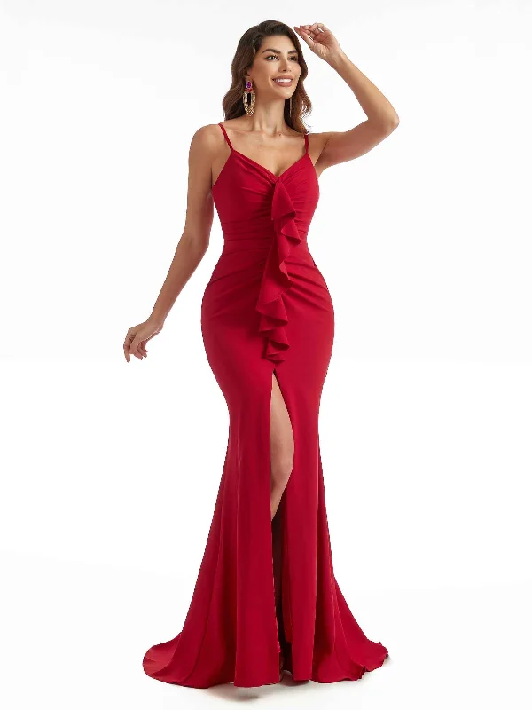 Women's High-Fashion Clothes Feminine Elegance Sexy Side Split Stretch Crepe Ruffles Mermaid Spaghetti Strap Long Bridesmaid Dresses Online