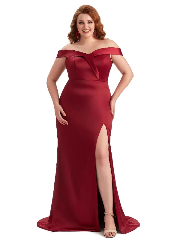 Women's Formal Clothes Winter Warm - Up Sale Plus Size Elegant Off The Shoulder Side Slit Mermaid Soft Satin Long Bridesmaid Gowns