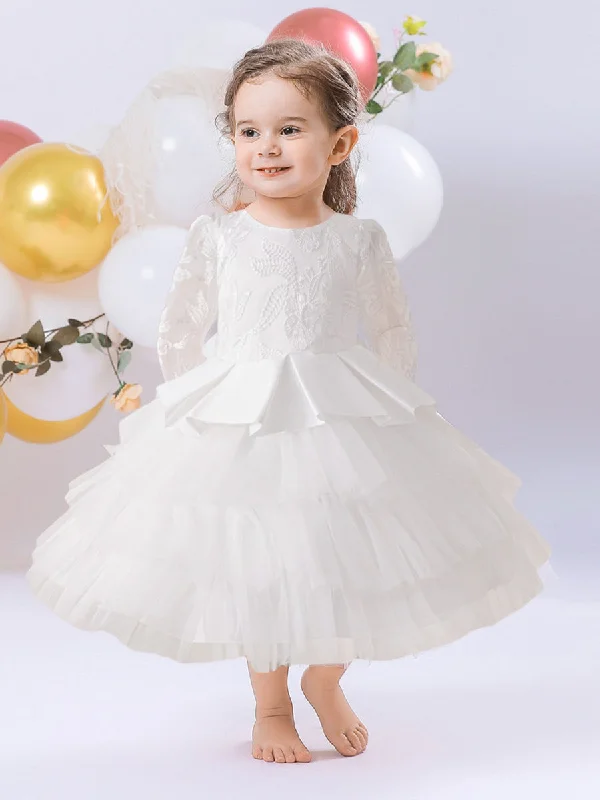 Women's Chic Outerwear Garments Luxe Layering Ball Gown Scoop Long Sleeves Flower Girl Dresses with Tiered