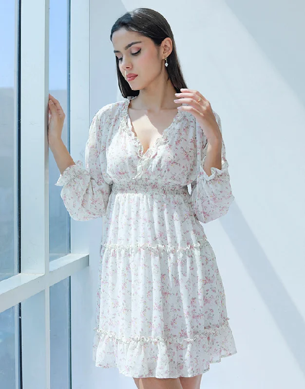 Chic Women's Garments Flash Deals Printed Tired Dress with Long Sleeves