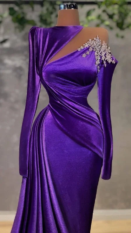 Women's Festive Attire Big Savings on Minimalist Office Styles Purple Velvet Long Sleeve Evening Dress Arabic Style Cut Out Party Dress Women Dresses Y4933