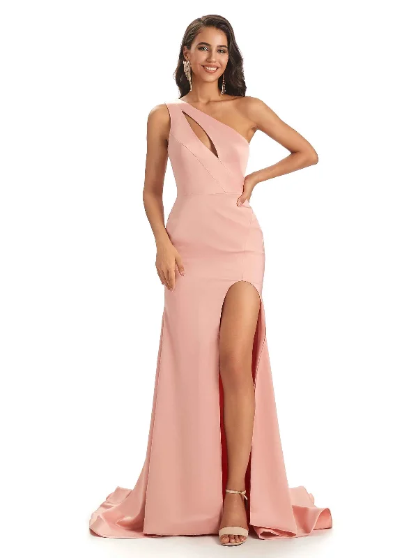 Women's Clothing For Holiday Travel Discounts on Casual Weekend Styles Sexy Soft Satin Side Slit One Shoulder Maxi Long Mermaid Bridesmaid Dresses