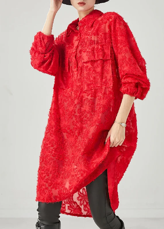 Classic Clothes For Women Feminine Soft - Hued Look Red Cotton Shirt Dresses Oversized Pockets Spring