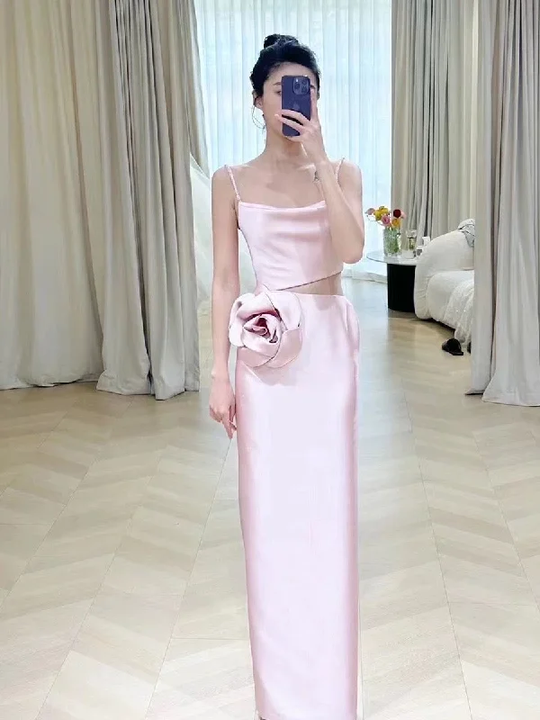 Women's Workout Clothing Minimalist Office - Ready Style Simple A-line Spaghetti Straps Satin Pink Long Evening Dress Prom Dress C3221