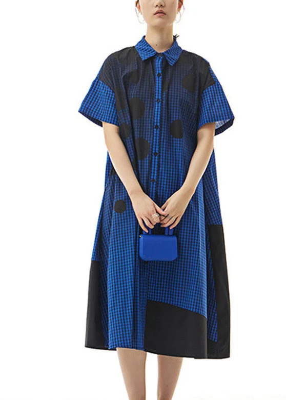 Women's Elegant Outfit Elevated Style Blue Peter Pan Collar Button Cotton Maxi Shirt Dress Short Sleeve