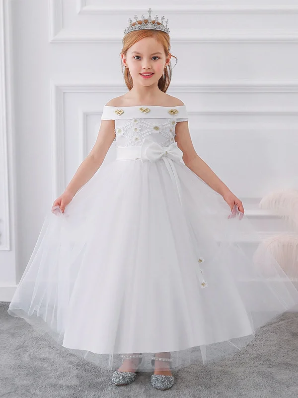 Women's Vacation Outfit Set Elegant Details Ball Gown Off-the-Shoulder Short Sleeves Flower Girl Dresses with Bow Knot