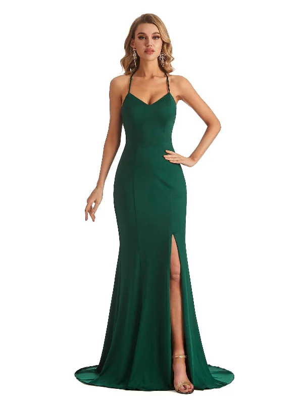 Affordable Women's Clothes Lightweight Fabric Sexy Side Slit Mermaid Halter Stretchy Jersey Long Unique Wedding Guest Dresses