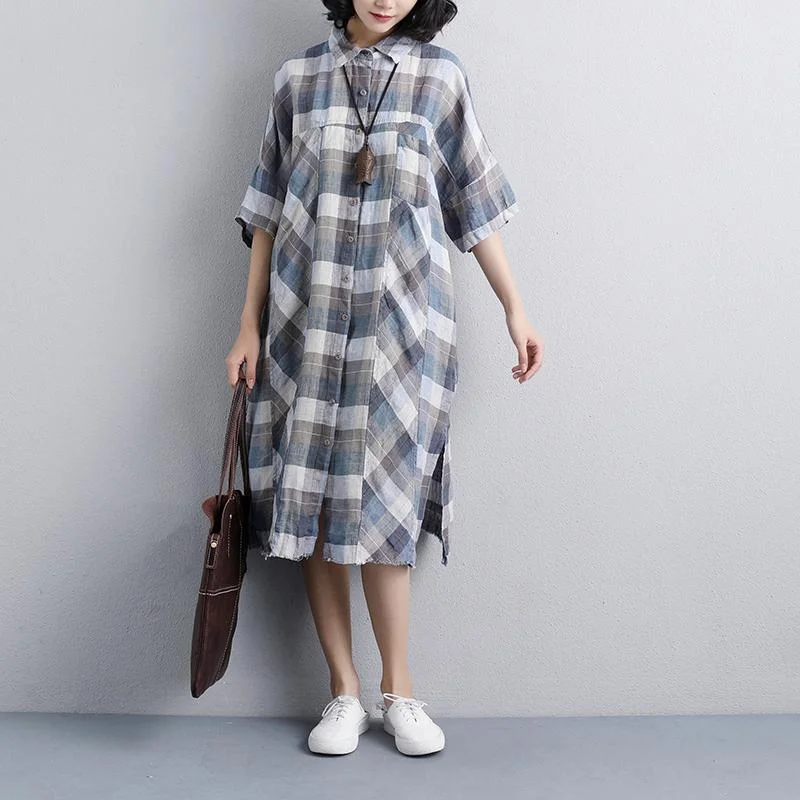 Affordable Luxury Women's Garments Cottagecore Rustic Charm Style vintage linen dresses Loose fitting Polo Collar Short Sleeve Plaid Women Linen Shirt Dress