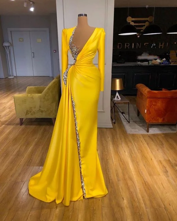 Women's Clothing With Trendy Designs Rustic Countryside Charm Look yellow evening dress, long sleeve evening dress, formal wear, beaded evening dress S23450