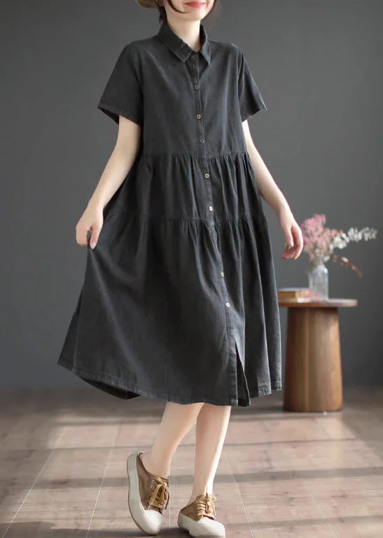 Fashionable Women's Clothing Grab Romantic Date - Night Styles Now Black Peter Pan Collar Button Silk Denim Maxi Shirt Dresses Short Sleeve