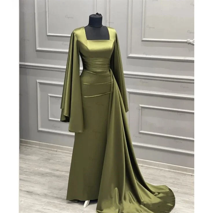 Women's Work Outfit For The Office Bold Patterns Elegant Sheath Square Neckline Olive Green Satin Long Prom Dress Evening Dresses With Ruffles C3368