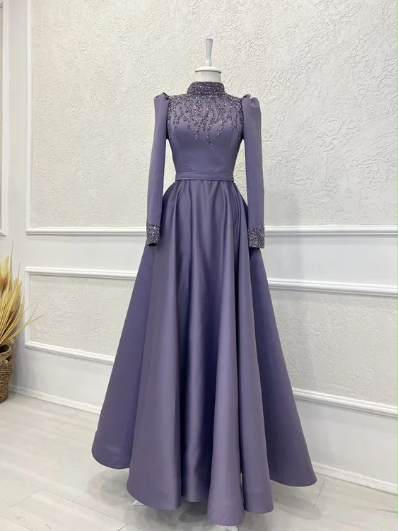 Women's Comfortable Lounge Outfit Winter Warm - Up Sale Modest Purple A-line Long Sleeves Prom Dress,Muslim Dress  Y7207