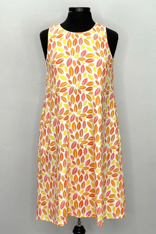 Women's Chic Outerwear Outfit Casual Weekend Relaxed Style Orange and Yellow Petals Sleeveless Dress