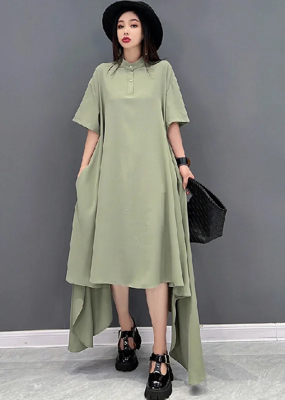 Vintage-Inspired Garments Romantic Detailing Green Low High Design Chiffon Shirt Dresses Stand Collar Short Sleeve