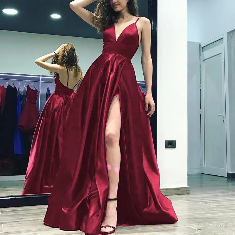 Women's Attire Dreamy Draping Elegant Burgundy Long Prom Dress 2022 with Slit Sexy Formal Gown Satin Long Evening Party Gown LP532