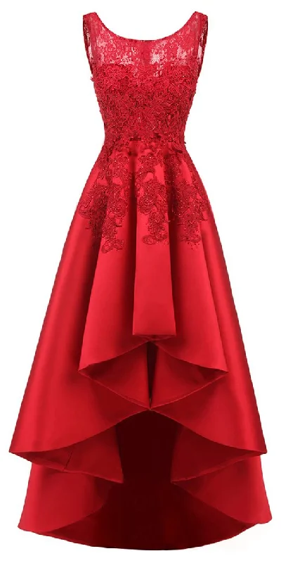 Women's Holiday Attire Parisian Effortless Chic Style Pretty Tulle & Satin Scoop Neckline Hi-lo A-line Prom Dresses With Hot Fix Rhinestones & Lace Appliques cg5419