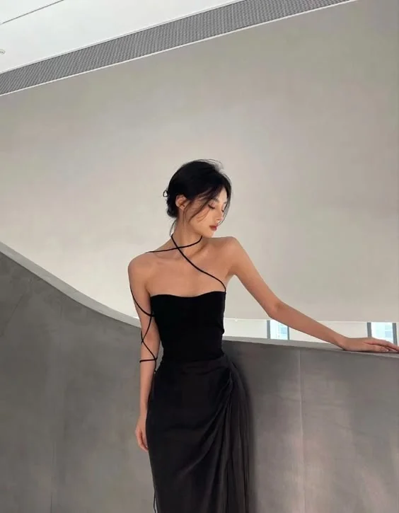 Women's Activewear Apparel Art Deco Geometric Pattern Look Pretty A line Strapless Black Satin Prom Dresses Evening Dress C2828