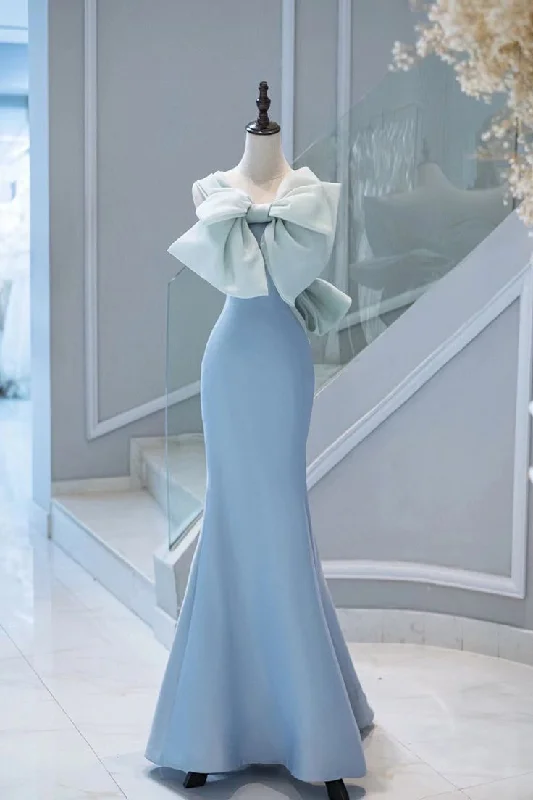 Formal Attire For Women Boho - Chic Festival - Ready Style Elegant Mermaid Satin Blue Long Prom Dresses With Bow-knot Party Dress C3192