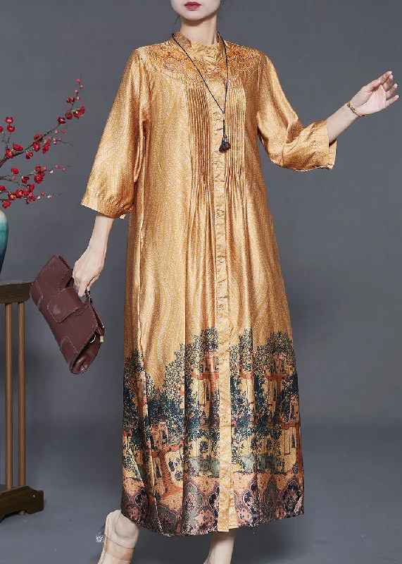 Women's Vacation Attire Lighten Up with Nordic Styles Elegant Yellow Hollow Out Print Wrinkled Silk Shirt Dresses Summer