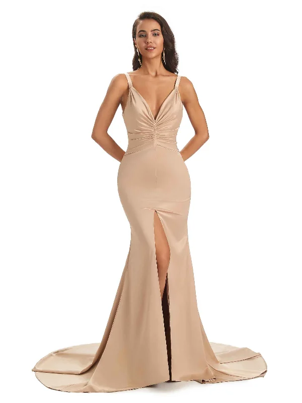 Formal Clothing For Women Boho - Chic Festival - Ready Style Elegant Soft Satin Spaghetti Straps V-Neck Middle Slit Unique Mermaid Bridesmaid Dresses