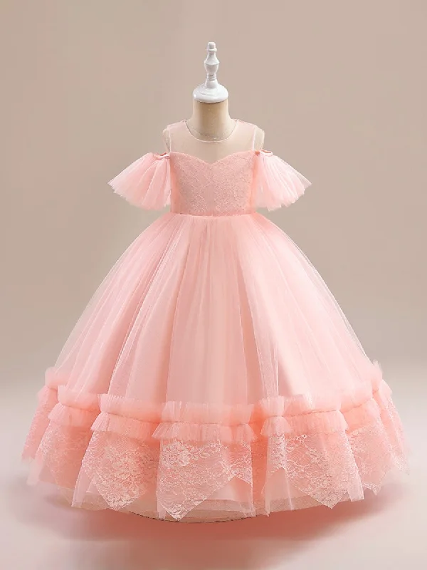 Women's Evening Attire Effortless Sophistication Ball Gown Cold Shoulder Short Sleeves Flower Girl Dresses with Applique