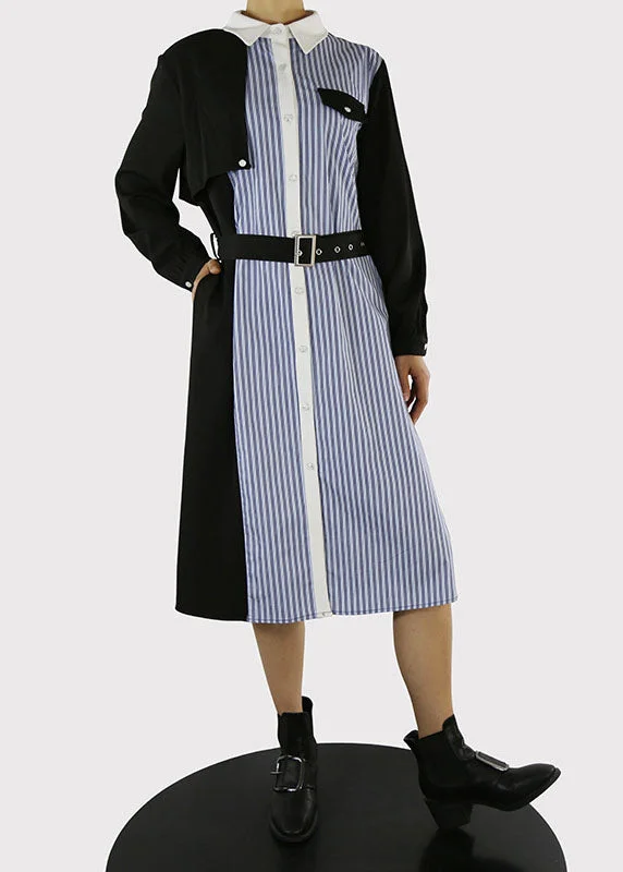 Women's Seasonal Wardrobe Clothing Summer Splash Sale Women Blue tie waist Peter Pan Collar Striped Patchwork shirt Dresses Spring