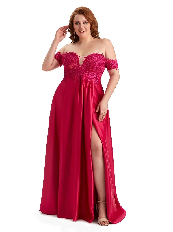 Women's Activewear Garments Minimalist Chic Plus Size Elegant Off The Shoulder Side Slit Lace Soft Satin Long Bridesmaid Dresses Online