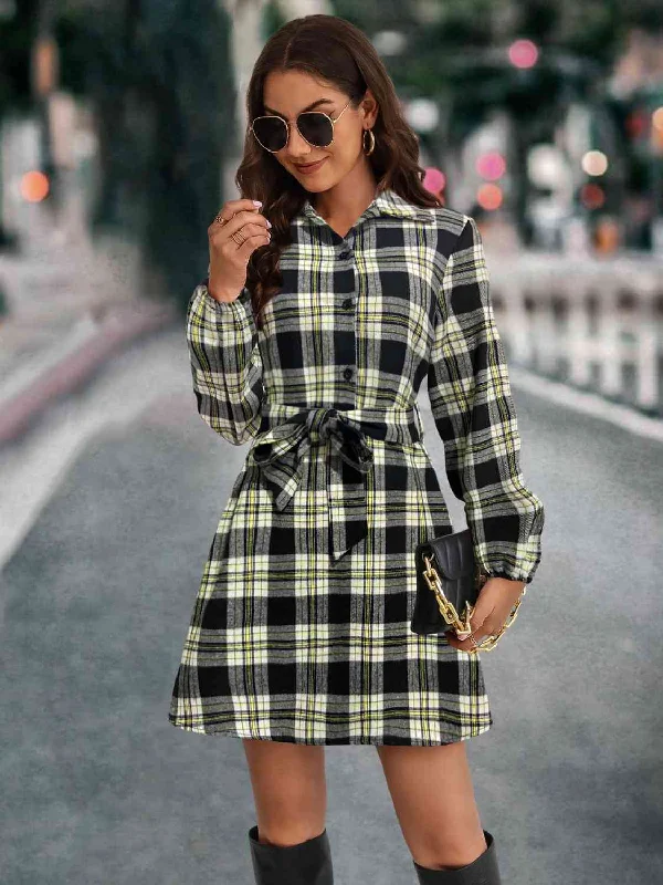 Women's Clothes For Outdoor Events Anniversary Sale Plaid Tie Front Collared Neck Long Sleeve Dress