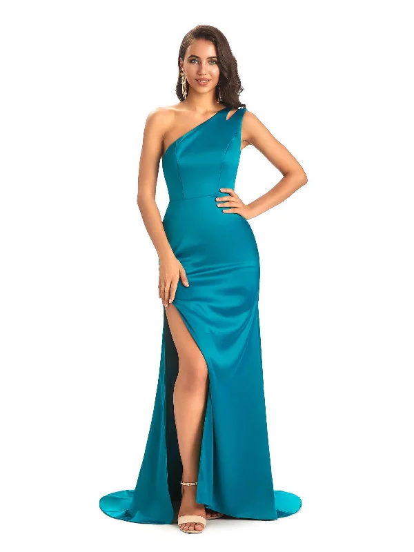 Women's Outfit For The Office Romantic Detailing Sexy Soft Satin Side Slit One Shoulder Long Mermaid Bridesmaid Dresses Online