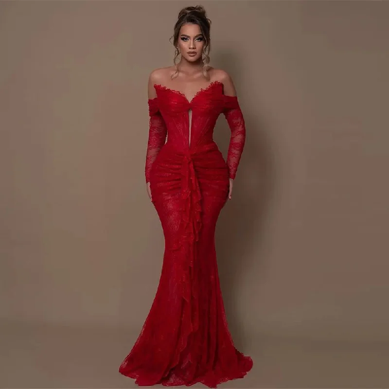 Women's Everyday Apparel Score Big on Glamorous Red - Carpet Styles Off Shoulder Long Sleeve Lace Maxi Bodycon Dress HT1108