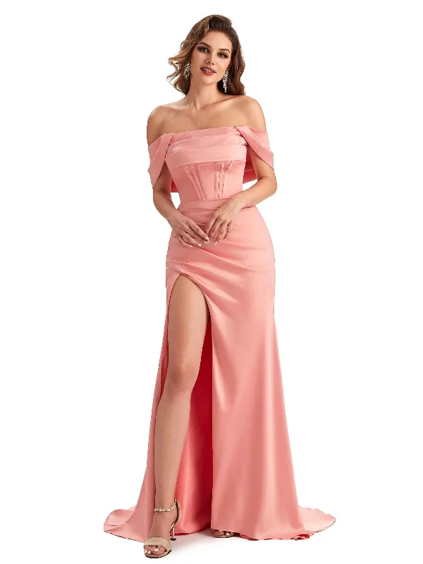 Women's Casual Apparel Early Access to Art Deco Styles Sale Sexy Side Slit Mermaid Soft Satin Off The Shoulder Unique Long Wedding Guest Dresses