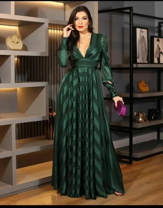 Women's Seasonal Clothing Elegant Contour Charming Green Deep V Neck Evening Dress With Long Sleeves  Y6283