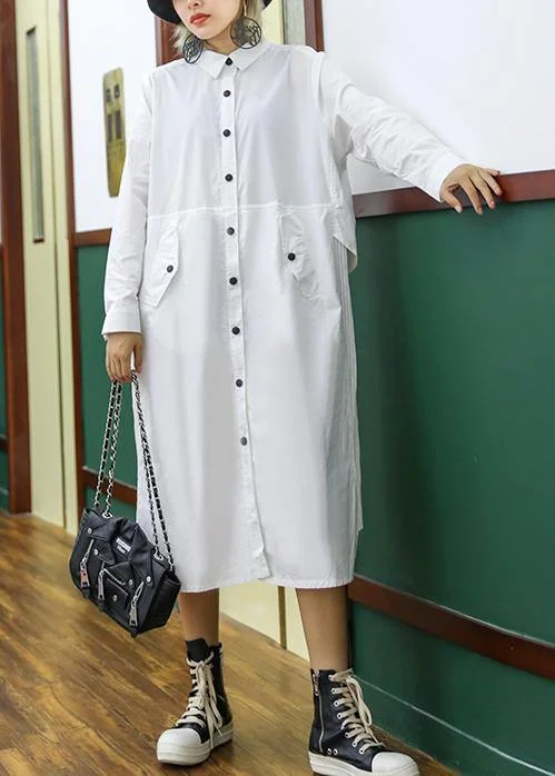 Women's Comfy Loungewear Outfit Vintage Retro Party Wear French white cotton shirt dress pattern pockets patchwork Maxi lapel Dress